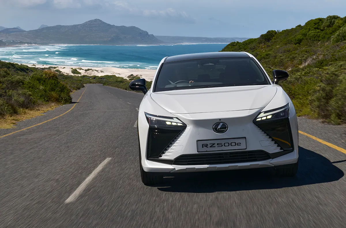 A white Lexus RZ 500e viewed from the front